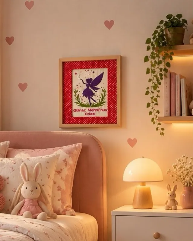 Pembe çerçevede peri figürlü isimli nakış tablo